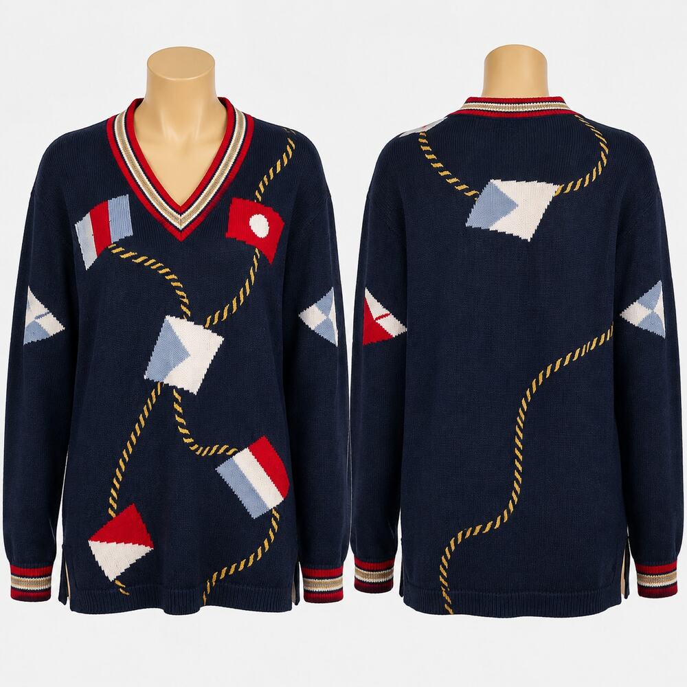 Vintage Karen Scott Sport Nautical Sailboat Sweater Women's Large Wool Blend